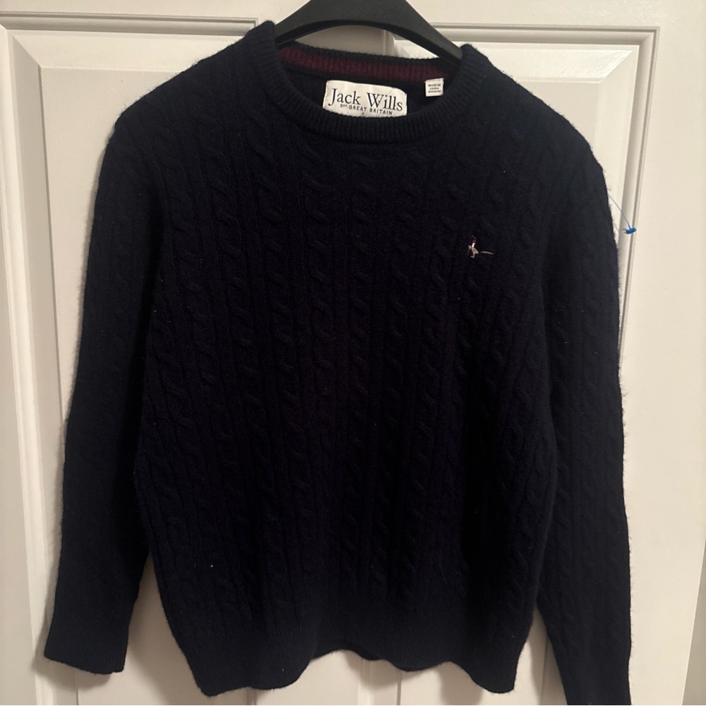 Jack Wills Navy Cable-Knit Crewneck Sweater 100% Merino Wool